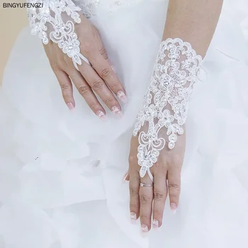 1 пара перчаток, аксессуары для свадебного платья, перчатки без пальцев, бант для свадебных кружевных перчаток, инкрустированные стразами, Длина перчаток