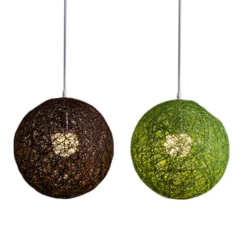2 шаровых люстры из зеленого/кофейного бамбука, ротанга и пеньки, Индивидуальное творчество, Сферический абажур из ротанга