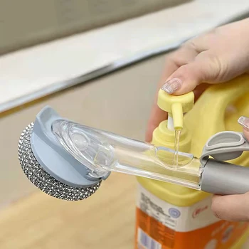 2022 Многофункциональный кухонный артефакт для мытья посуды и кастрюль Автоматически Добавляет жидкость стальной шарик с длинной ручкой