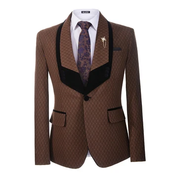 2023 Коричневый пиджак, блейзер, мужской костюм с ретро рисунком, шаль с отворотом сзади, Повседневное Деловое пальто, Цельный Свадебный комплект