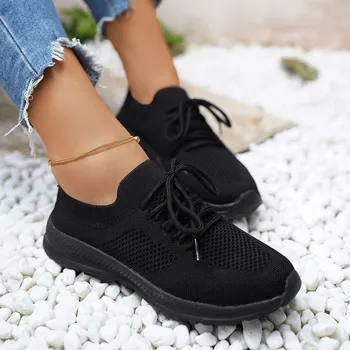 2023 Кроссовки для бега на шнуровке, женские кроссовки, сетчатая Дышащая легкая однотонная вулканизированная спортивная обувь на плоской подошве, модные женские кроссовки