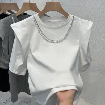 2023 Шикарное ожерелье, футболки с короткими рукавами для женщин, летняя Корейская мода, рукава-бабочки, Белые топы, женская эстетичная одежда