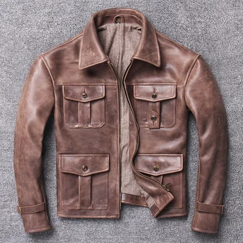 2024 Мужская куртка из 100% натуральной кожи, Италия, телячья винтажная мотоциклетная байкерская классическая однобортная прочная куртка