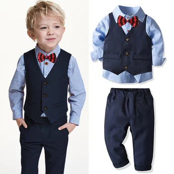 2024 Осенне-зимняя детская одежда Для мальчиков, Джентльменские комплекты, рубашка с длинными рукавами + брюки и жилет, костюм из 3 предметов, Детская одежда, наряды для мальчиков