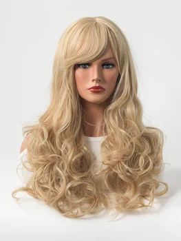 24-дюймовый женский парик, реалистичный натуральный головной убор, светлый парик с длинной вьющейся челкой