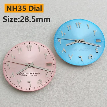 28,5 мм циферблат NH35 Розовый арабский циферблат без светящегося циферблата Серебристый выпуклый арабский циферблат из нержавеющей стали Аксессуары для часов