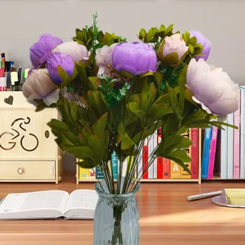 2X 13-головчатый искусственный пион, букет цветов, свадебная вечеринка, искусственный букет цветов, искусственные листья растений, цветы нового фиолетового цвета