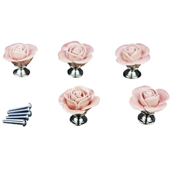 5 x Розовая Дверная фурнитура, Керамическая ручка, Антикварные винты-пуговицы В комплекте, элегантный дизайн в форме розы