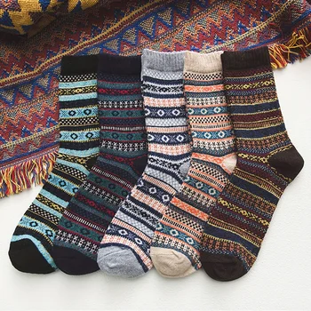 5 Пар Мужских носков с круглым вырезом в повседневную полоску в стиле ретро, утолщенных для тепла осенью и зимой
