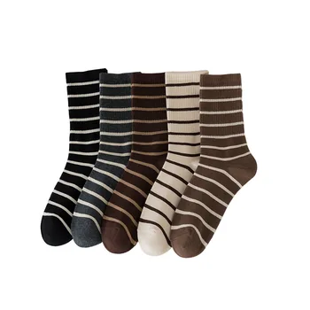 5 пар полосатых носков, женские носки средней длины, высокоэластичные Длинные чулки, весенне-осенние модные универсальные студенческие носки