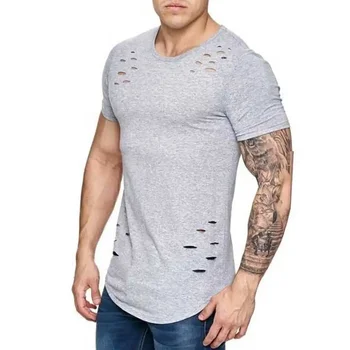 A2962 Рваные футболки с дырками, мужская футболка с коротким рукавом, летняя одежда для фитнеса, мужская забавная однотонная футболка, уличная одежда, тонкие топы, тройники