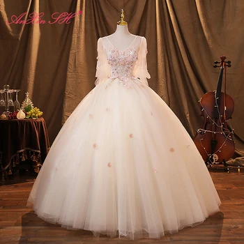 AnXin SH винтажное кружевное платье цвета шампанского с цветком розы, v-образный вырез, блестящий бисер, жемчуг, иллюзия принцессы, бальное платье для вечеринки, вечернее платье для невесты