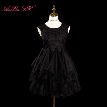 AnXin SH принцесса черное цветочное кружево с круглым вырезом без рукавов иллюзия оборками на молнии вечернее короткое платье Маленькое черное платье