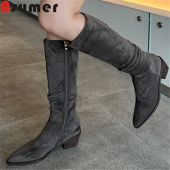 ASUMER / Новинка 2022, женские замшевые ботинки на молнии, женская обувь на толстом среднем каблуке, демисезонные современные ботинки до колена
