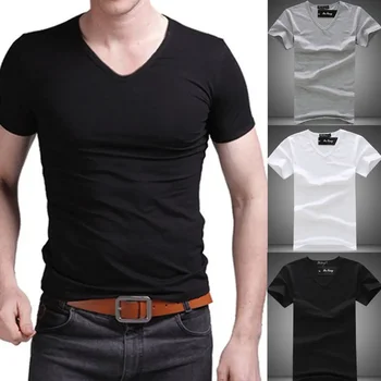 B1145 Летняя футболка с горячей распродажей, новые мужские топы с V-образным вырезом, приталенная повседневная футболка с коротким рукавом, однотонная