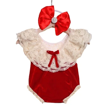 B2EB Детская Одежда для фотосъемки, Кружевной комбинезон и головной убор с бантом, Комплект для фотосъемки новорожденных, Красный комбинезон для праздничной вечеринки, Аксессуары для одежды