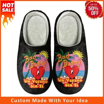 Bad Bunny UN VERANO SIN Дизайн с принтом Домашние хлопчатобумажные тапочки на заказ Мужские Женские Сандалии Плюшевая Повседневная обувь для согревания Thermal Slippe