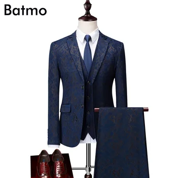 Batmo 2023, новое поступление, высококачественные повседневные костюмы с принтом для мужчин, мужские повседневные синие костюмы для вечеринок с принтом, куртка + брюки + жилет 991