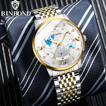 BINBOND B0117, модные деловые кварцевые мужские часы, светящийся ремешок из нержавеющей стали, Водонепроницаемая классика, 50 м, циферблат с датой, мужские часы