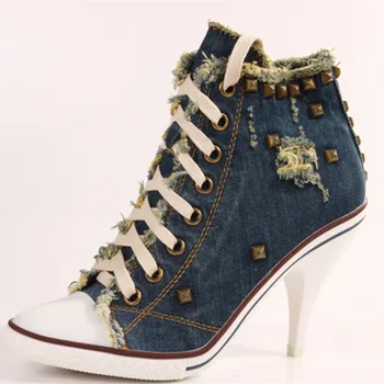 Choudory chaussure femme/ синие джинсовые ботинки, джинсы, ковбойские сапоги-гладиаторы на высоком каблуке с шипами, женская обувь с острым носком на шнуровке