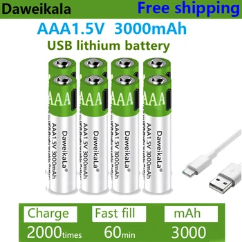 Daweikala USB AAA Аккумуляторные батареи 1,5 В 3000 мАч литий-ионный аккумулятор для дистанционного управления мышью Электрический игрушечный аккумулятор + Кабель Type-C
