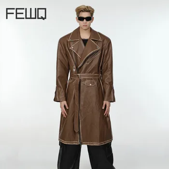 FEWQ Нишевое пальто из искусственной кожи, Зимняя куртка, Хлопковая ветровка 2023 с поясом, Мужские топы с длинным рукавом, Корейская мода, Однотонные 24X4135