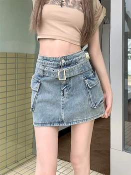 HOUZHOU Сексуальная тонкая джинсовая мини-юбка Женская уличная одежда Винтажные юбки Y2k с высокой талией трапециевидной формы Корейская мода Шикарный Женский хип-хоп