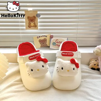 Sanrio Kawaii Hello Kitty, милые хлопчатобумажные тапочки, женская зимняя водонепроницаемая домашняя плюшевая обувь, аниме Kuromi Sweet Girls, теплая обувь