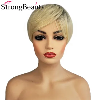 StrongBeauty Короткие прямые парики Блондинка с черными корнями Парик из синтетических женских волос