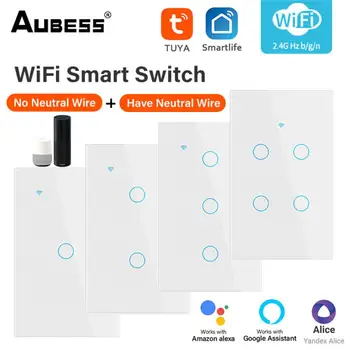 Tuya WiFi US Smart Light Switch Нейтральный провод/ не требуется нейтральный провод, настенный сенсорный выключатель 120-го типа, работа с Alexa, Home