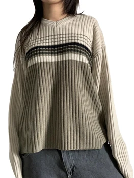 Txlixc Женские Вязаные свитера в полоску с круглым вырезом, пуловер с длинным рукавом, осенне-зимние Облегающие топы, женская одежда