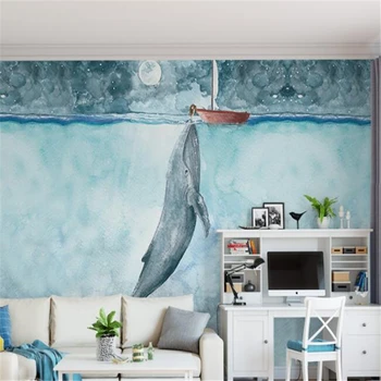 wellyu papel de parede Рисованный подводный мир киты маленькая девочка художественный фон стены papel de parede infantil tapety