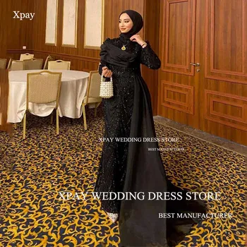 XPAY Скромные блестящие мусульманские Арабские вечерние платья с высоким воротом, бусы, кружевные платья для выпускного вечера, Длинные рукава, черное вечернее платье для официальных мероприятий
