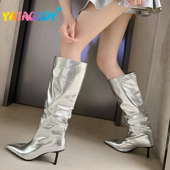 YATAGODY размер 34-40 женщин сапоги сексуальные тонкие высокие каблуки зимняя обувь женщина острым носом золото серебро бренд роскошные длинные сапоги