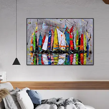 Абстрактная картина с лодкой, Граффити, красочные плакаты с парусником и принты, Настенная картина на холсте для домашнего декора в гостиной Без рамки