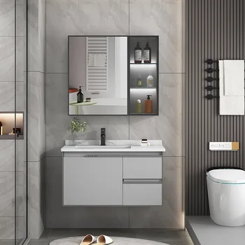 Алюминиевый туалетный столик для ванной комнаты с раковиной Зеркальные шкафы Samrt Керамический сланец Встроенный набор для умывания Мебель для ванной комнаты