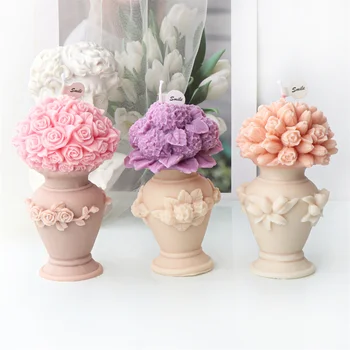Антикварные вазы для столовой с букетом цветов, Силиконовые формы для свечей, Лилии в горшках, Розы, тюльпаны, цветочный рельеф, Роскошный свадебный подарок