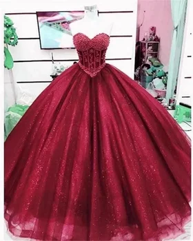 Бальное платье в виде сердечка, пышные платья Vestidos De 15 Anos, модные платья принцессы из блестящего тюля на День рождения.