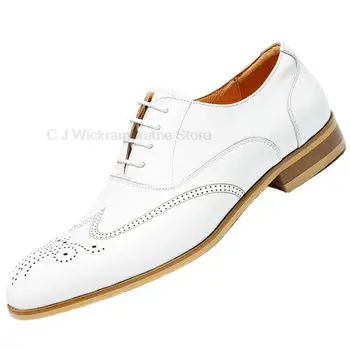 Брендовые Мужские туфли-оксфорды на шнуровке с острым носком, белое вечернее платье, Мужская обувь из натуральной кожи, Свадебные деловые Кожаные туфли с перфорацией типа 