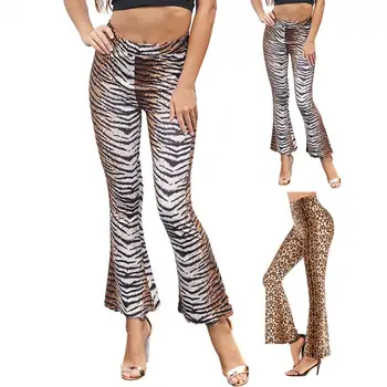 Брюки с эластичной талией, расклешенные брюки для йоги с леопардовым принтом, женские брюки с высокой эластичной талией, облегающие Дышащие брюки длиной до щиколоток