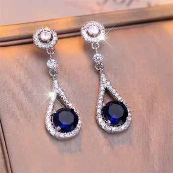 Великолепные висячие серьги с круглым камнем и кристаллами, серьги-капли с синим цирконием для женщин, винтажные украшения в виде капель серебристого цвета, подарок