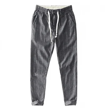 Весенне-летние льняные повседневные брюки в полоску для мужчин, тонкие дышащие длинные брюки для мужчин, молодежные эластичные брюки с прямыми штанинами