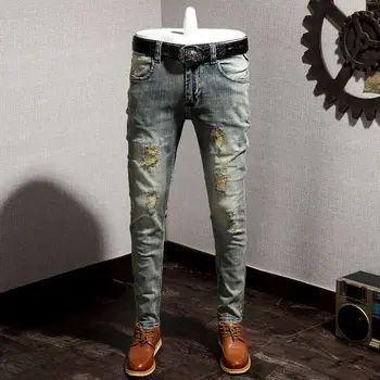 Весенне-осенние повседневные джинсы-стрейч в стиле ретро с нашивками в стиле ретро, мужские облегающие брюки в стиле ностальгии по Европе и Америке, мужские джинсы
