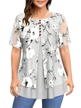 Винтажная шифоновая футболка с коротким рукавом с цветочным принтом, Летняя повседневная мода, искусственные топы-двойки с круглым вырезом, женская одежда