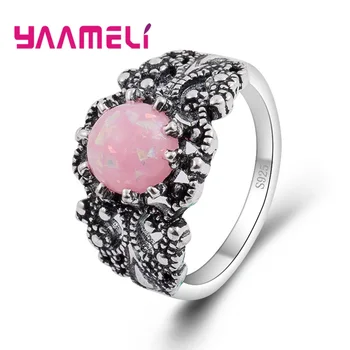 Винтажное серебро 925 пробы, романтические кольца с розовым круглым опалом для женщин, женские украшения из хрусталя, подарочные аксессуары