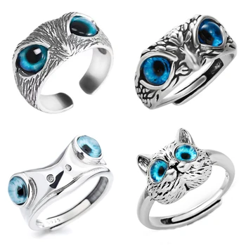 Винтажные кольца с голубыми глазами в стиле Панк, лягушка, сова, кошка, для женщин, мужчин, уникальный дизайн, металлическое регулируемое кольцо на палец серебристого цвета, вечерние украшения