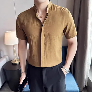 Высококачественные тонкие мужские рубашки с 3D морщинами, летний деловой воротник-стойка, однотонная рубашка с короткими рукавами, мужская уличная одежда Ropa Hombre