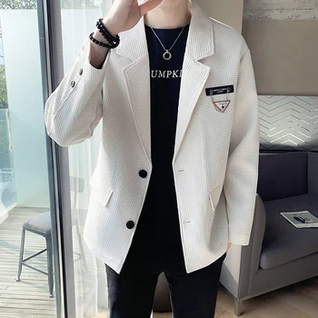 Высококачественный Черно-белый вафельный костюм Мужской Весна-осень Новый тренд Корейский Повседневный Красивый Модный Однотонный пальто и костюмы