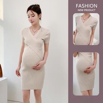 Вязаное женское платье для беременных 2023, летнее новое Тонкое платье для грудного вскармливания с коротким рукавом и V-образным вырезом, Модная дышащая одежда для беременных