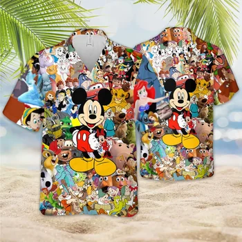 Гавайская рубашка с рисунком Микки Для мужчин и женщин, повседневная рубашка на пуговицах с коротким рукавом, Гавайская рубашка Disney Family, Модная рубашка в пляжном стиле